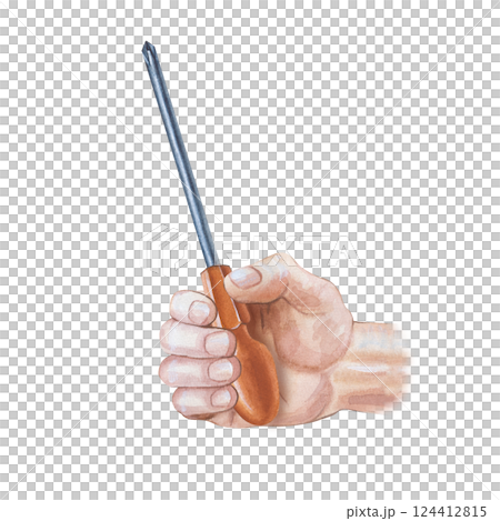 An iron screwdriver in a man's sturdy hand is hand-drawn on a white background. Watercolor illustration with a body part and a construction tool. Home improvement, renovation. An iron screwdriver in a man's sturdy hand is hand-drawn on a white background. Watercolor illustration with a body part and a construction tool. Home improvement, renovation. 124412815