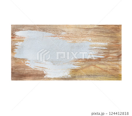A wooden board with a spot of gray paint. Watercolor illustration on a white background. The wooden brown frame is hand-drawn. Wood texture. 124412818