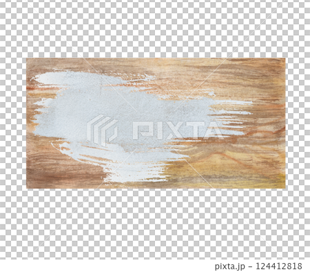 A wooden board with a spot of gray paint. Watercolor illustration on a white background. The wooden brown frame is hand-drawn. Wood texture. 124412818