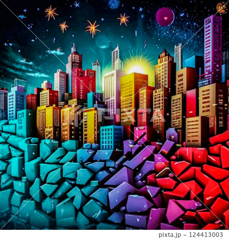Vividly illustrated the urban landscape. Colorful cityscape with variety of high rise buildings in bright colors. AI generated. 124413003