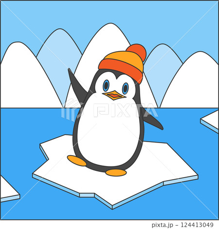 A penguin with a stylish hat is comfortably sitting on a piece of ice A penguin with a stylish hat is comfortably sitting on a piece of ice 124413049
