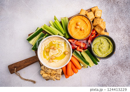 Various hummus dips, healthy and vegan snack 124413229
