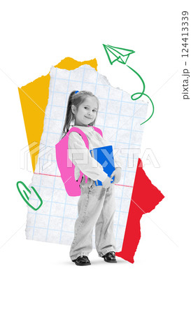 Contemporary art collage. Girl standing confidently with backpack and notebook, surrounded by flying paper elements, showing readiness and joy. Contemporary art collage. Girl standing confidently with backpack and notebook, surrounded by flying paper elements, showing readiness and joy. 124413339