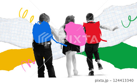 Conceptual art collage. Three kids walking hand in hand with backpacks, moving forward into school life, symbolizing new beginnings. 124413340