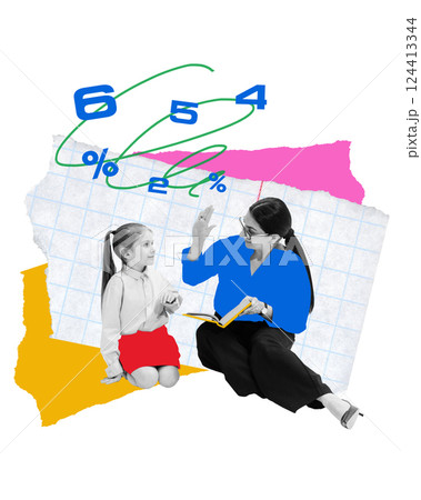 Contemporary art design. Teacher explaining math to girl with floating numbers around, showing supportive guidance in classroom. 124413344