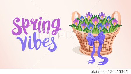 Spring vibes banner with Festive Basket and spring crocus. Spring background with flowers for holiday greeting, invitation. Vector flat illustration. 124413545
