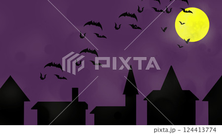 怪しげな空色のハロウィンの街とコウモリと月 124413774
