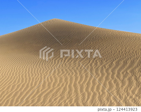 Sand dune in Maspalomas, Gran Canaria. Sand barkhan with a wavy pattern 124413923