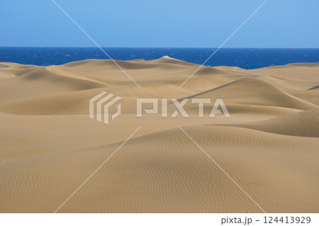 Sand dune with a sea at the background in Maspalomas, Gran Canaria Sand dune with a sea at the background in Maspalomas, Gran Canaria 124413929