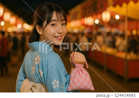 浴衣を着た振り向く笑顔の若い女性 124414093