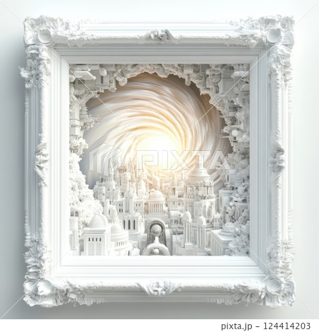 A white frame with a city inside of it A white frame with a city inside of it 124414203