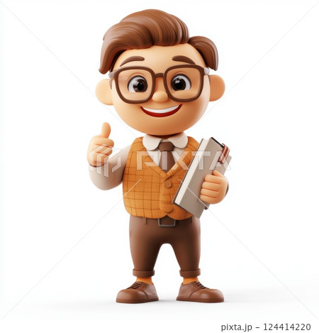 A cartoon character wearing glasses and a vest is holding a book 124414220