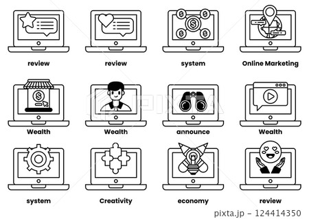 Set of illustrations in the concept of laptops and things in line art style 124414350