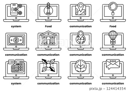 Set of illustrations in the concept of laptops and things in line art style 124414354