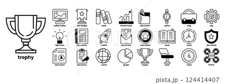A set of icons for a trophy, including a book, a watch, a laptop, a calculator A set of icons for a trophy, including a book, a watch, a laptop, a calculator 124414407