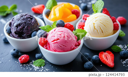 Assorted colorful ice cream scoops with berries and mint in white bowls 124414793