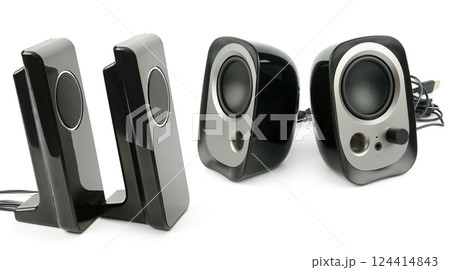 A new black bookshelf speakers isolated on white background. A new black bookshelf speakers isolated on white background. 124414843