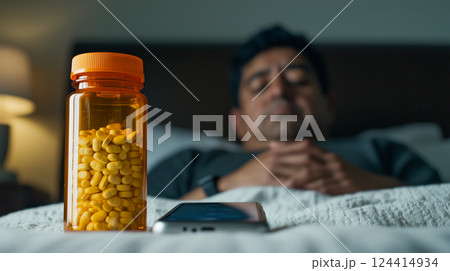 A man rests in bed, reflecting on his health while a bottle of yellow pills sits nearby. This scene captures the intersection of medication and mindfulness in daily life. 124414934