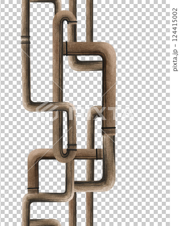 Interlocking copper pipes plumbing pipeline with connectors seamless vertical border isolated on white background. Watercolor illustration water supply. Plumbing, drainage, web design and template 124415002