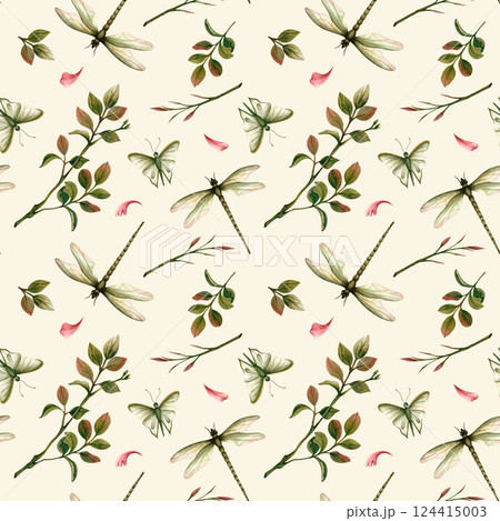 Summer leaves, butterfly and dragonfly seamless floral pattern isolated on yellow background. Insects and plants watercolor illustration. For packaging, wrapping paper and textile. Botanical ornament 124415003