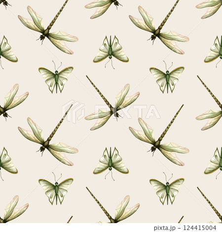 Dragonfly and butterfly. Summer insects seamless pattern. Isolated watercolor illustration on soft yellow background. For wrapping paper, packaging, textile, stationery, scrapbook. Vintage style. 124415004