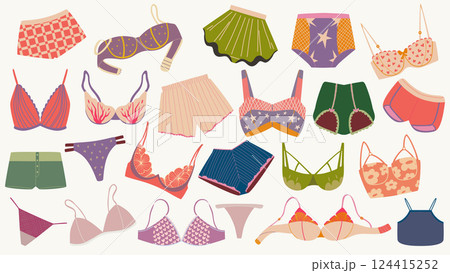 Trendy female underwear, lingerie set. Panties, bikinis and bras. Modern hand drawn collection of women's underwear. 124415252