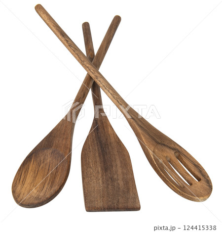 Wooden spoons, spatulas and a rolling pin isolated on white background 124415338