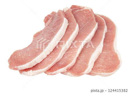 Fresh sliced raw pork meat isolated on white background. Top view. Flat lay Fresh sliced raw pork meat isolated on white background. Top view. Flat lay 124415382