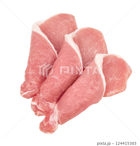 sliced raw pork meat isolated on white background. Top view. Flat lay 124415383