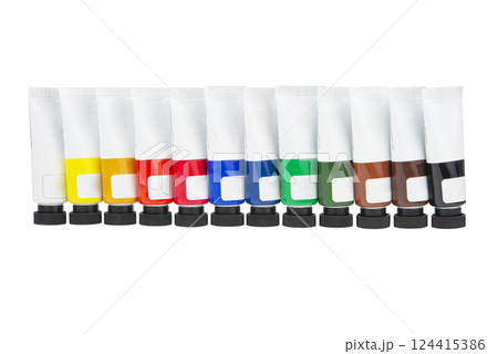 set of colored tubes with a paint on a white background set of colored tubes with a paint on a white background 124415386