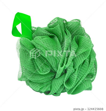 Green bath sponge for shower body care isolated on the white background 124415608