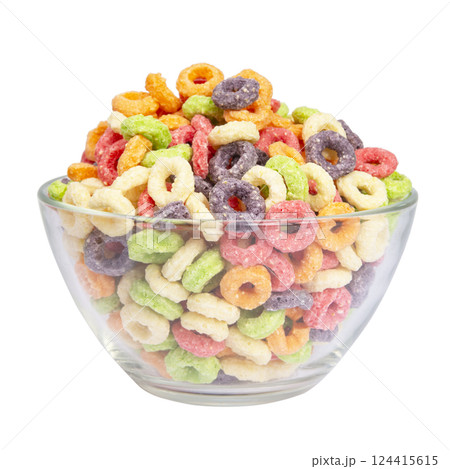 Bowl with tasty cereal rings on white background 124415615
