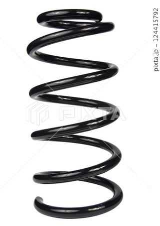 Car spare part. Large metal spring on white background. cushioning spring over white background, auto spare parts. automotive suspension springs on a white background 124415792