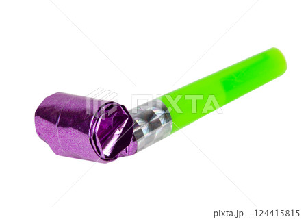 Party horn blower rolled whistle noisemaker isolated on the white Party horn blower rolled whistle noisemaker isolated on the white 124415815