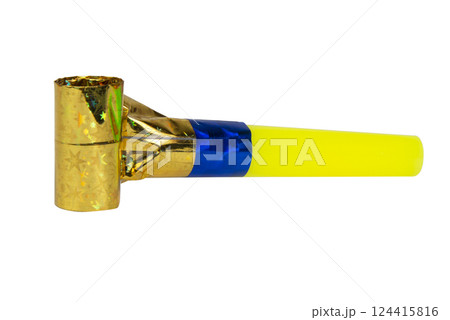 Party yellow gold horn blower rolled whistle noisemaker isolated on the white 124415816