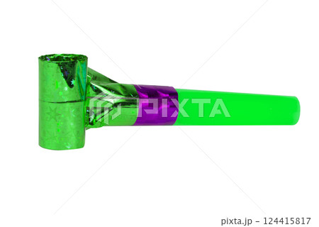 Party green horn blower rolled whistle noisemaker isolated on the white Party green horn blower rolled whistle noisemaker isolated on the white 124415817