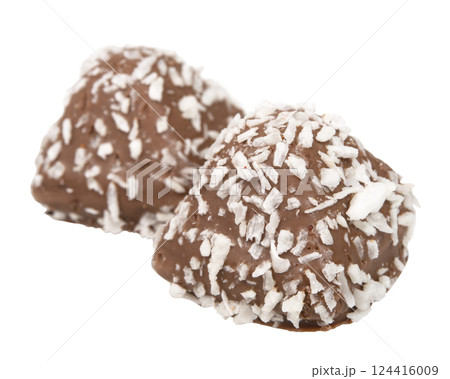 Chocolate bonbon candy sweet with coconut isolated on the white background Chocolate bonbon candy sweet with coconut isolated on the white background 124416009