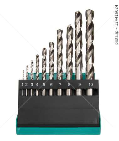 Drill bit set in box isolated on white background Drill bit set in box isolated on white background 124416024