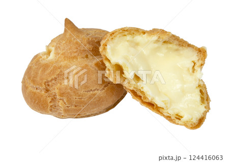 Cake cream puff with custard cream isolated on white background Cake cream puff with custard cream isolated on white background 124416063
