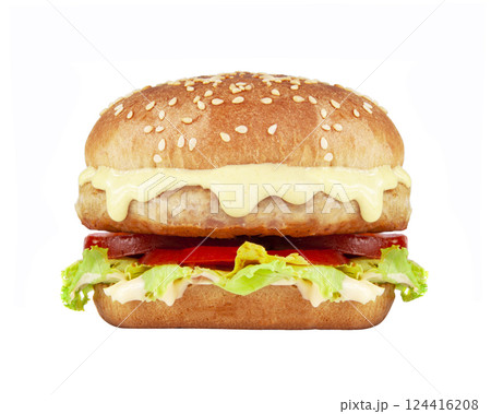 Tasty fast food burger with beef, onion, cucumbers and salad american style 124416208