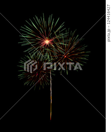Red and green firework sparkling on black background for celebration and anniversary 124416427