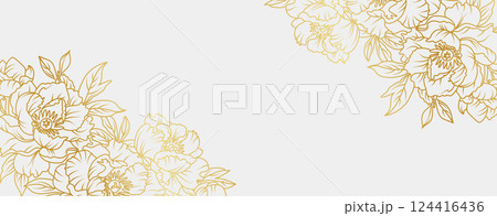 Luxury gold peony flowers background. Floral pattern tropical in line art style for greeting, invitation, wedding card, wall art, wallpaper and print. Vector illustration 124416436