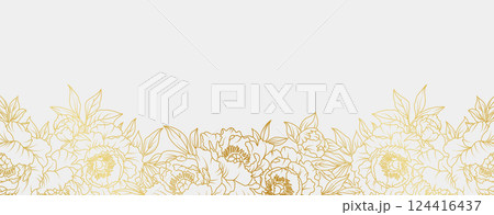 Luxury gold peony flowers background. Floral pattern tropical in line art style for greeting, invitation, wedding card, wall art, wallpaper and print. Vector illustration 124416437