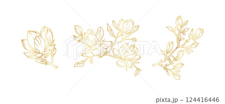 Luxury gold magnolia flowers background. Floral pattern tropical in line art style for greeting, invitation, wedding card, wall art, wallpaper and print. Vector illustration Luxury gold magnolia flowers background. Floral pattern tropical in line art style for greeting, invitation, wedding card, wall art, wallpaper and print. Vector illustration 124416446