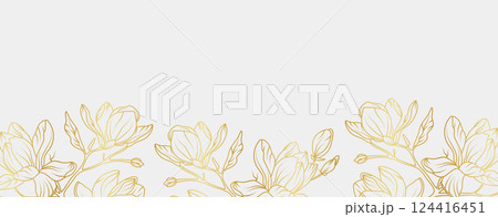 Luxury gold magnolia flowers background. Floral pattern tropical in line art style for greeting, invitation, wedding card, wall art, wallpaper and print. Vector illustration 124416451