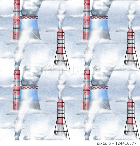 Industrial city factories watercolor seamless pattern isolated on white. Environmental pollution concept with plant pipes and smoke repeat background for global warming and heavy industry designs Industrial city factories watercolor seamless pattern isolated on white. Environmental pollution concept with plant pipes and smoke repeat background for global warming and heavy industry designs 124416577