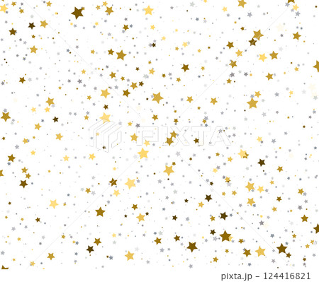Minimal Confetti Stars in Gold and Silver on White Surface. 124416821