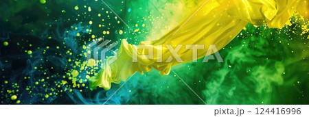 Brazil independence day, flag of Brazil, texture of flowing oil paint, abstract green yellow background, horizontal banner, copy space, free space for text 124416996