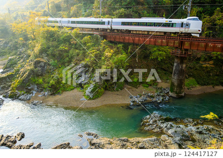 朝日に照らされて渓谷を走り抜ける福知山線の特急列車 124417127