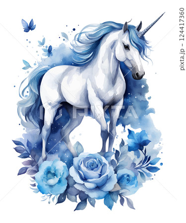 Unicorn in wreath of flowers. Watercolor illustration. 124417360